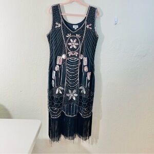 UNIQUE VINTAGE CREMIEUX FLAPPER DRESS Size 1X Black Sequins Beaded Fringe